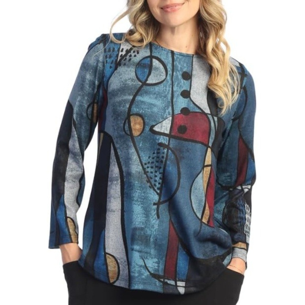 Jess & Jane M Granada Brushed Top Abstract Art Print 3/4 Geometric Lagenlook Y2K